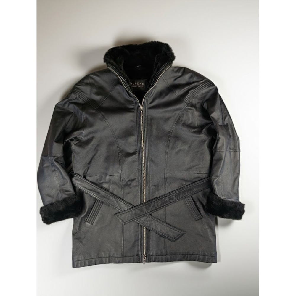 Wilsons Leather Black Faux Fur Lined Belted Zip Front Jacket Women's S